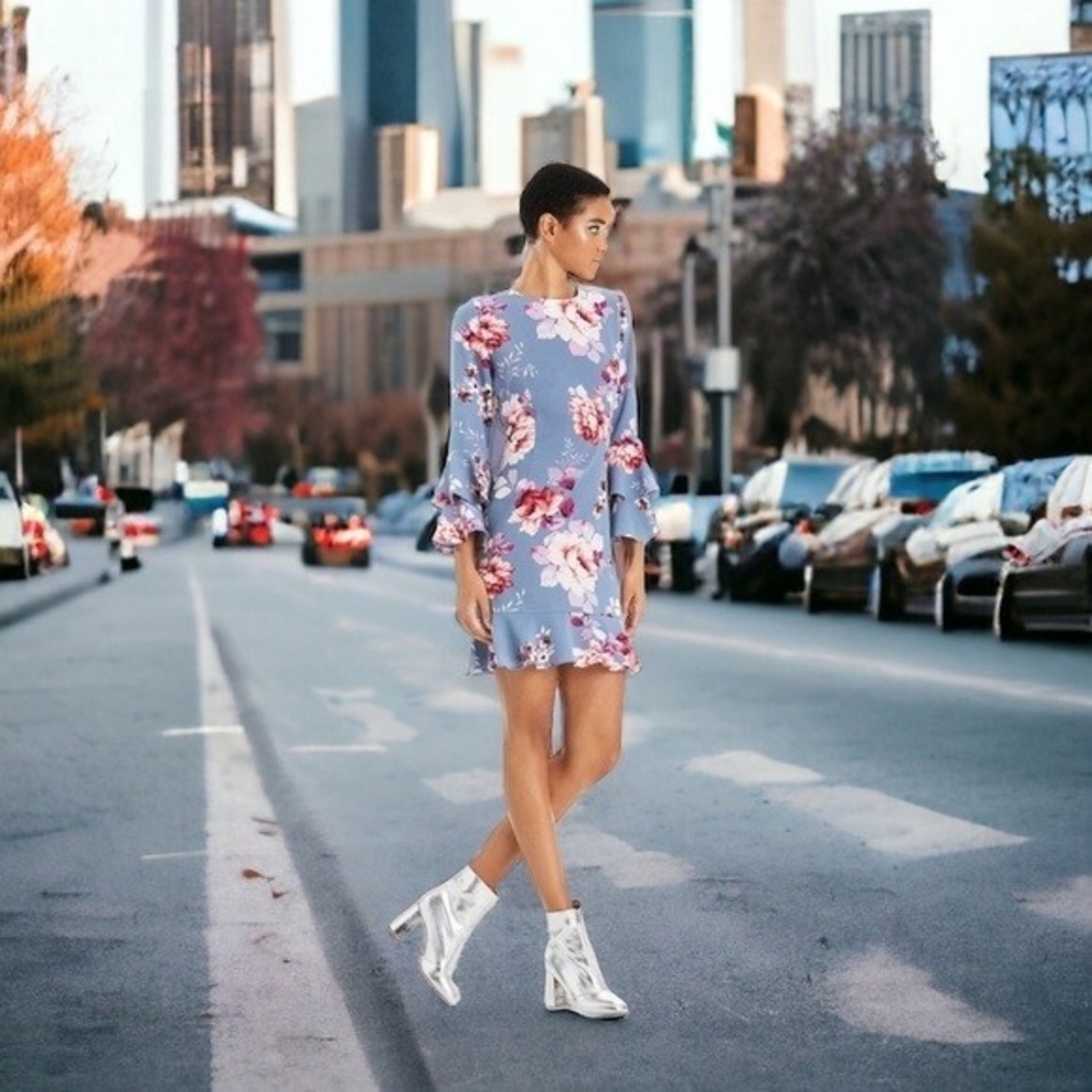 JILL Jill Stuart Floral Bell Sleeve Ruffled Sheath Dress Size L NWT